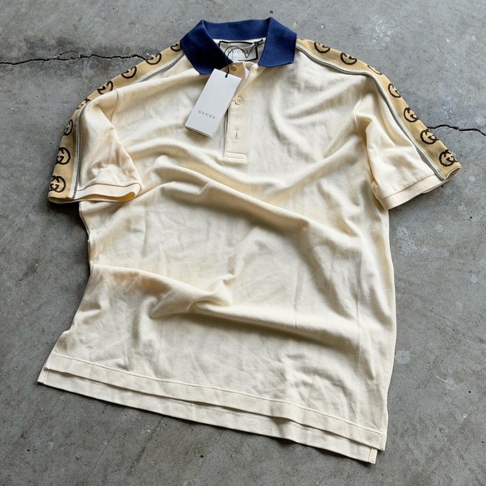 Gucci Cream Polo with Navy Collar and Monogram Shoulder Trim